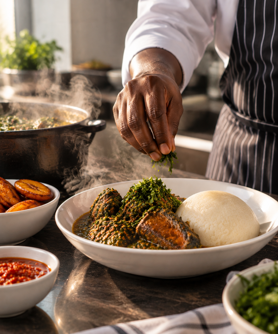 A chef carefully plating a Nigerian meal