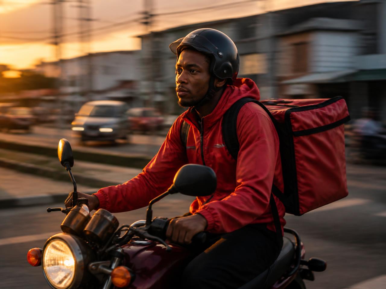 A delivery rider carrying an insulated food box through Port Harcourt