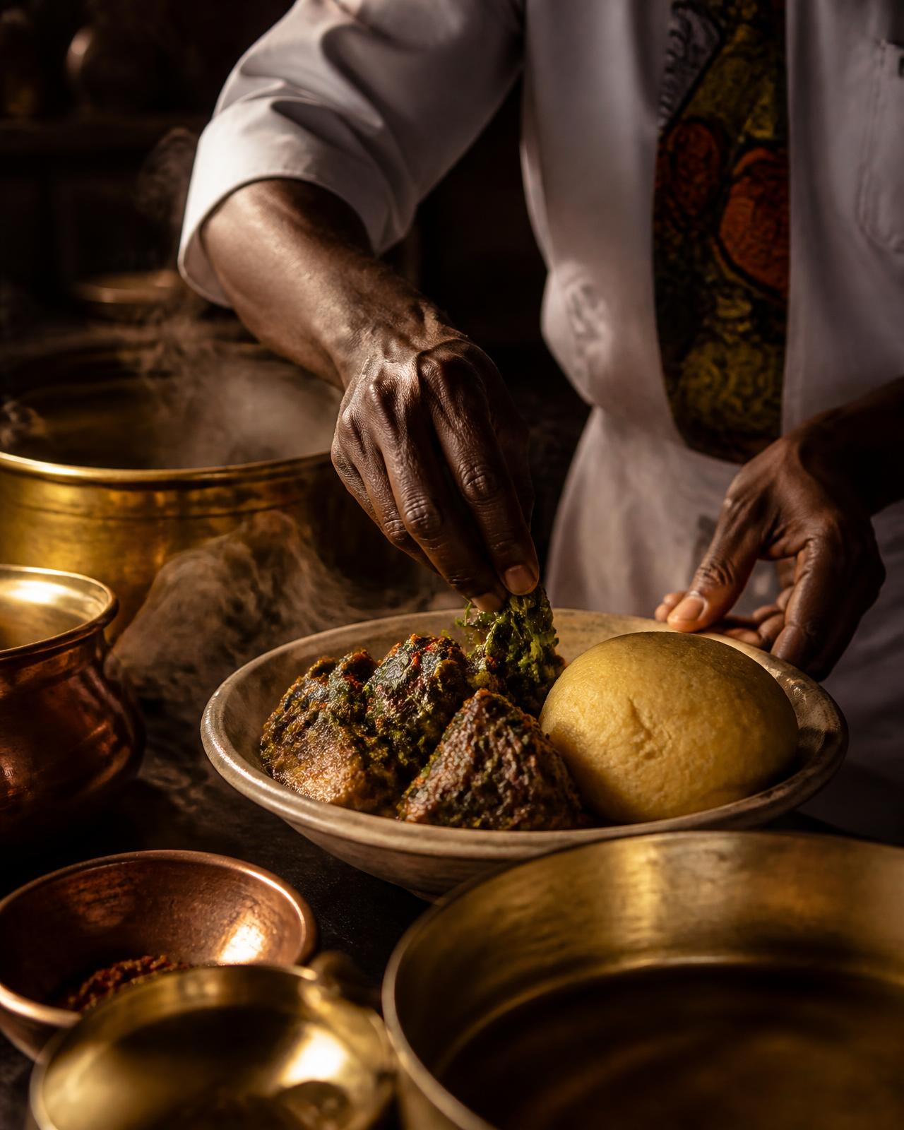 A chef plating a traditional Nigerian dish in a professional kitchen