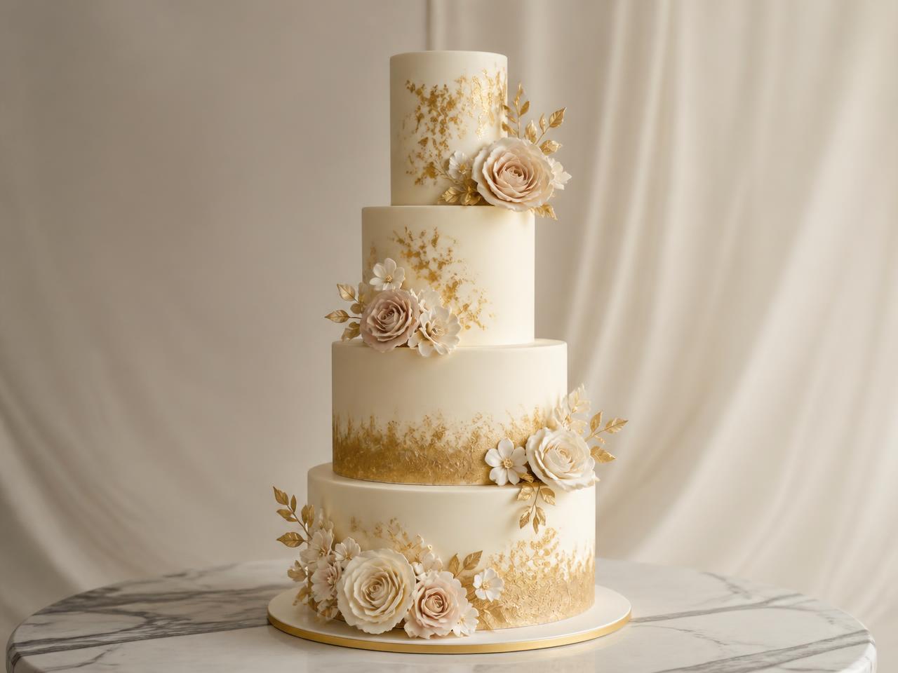 A tiered bespoke wedding cake with sugar flowers