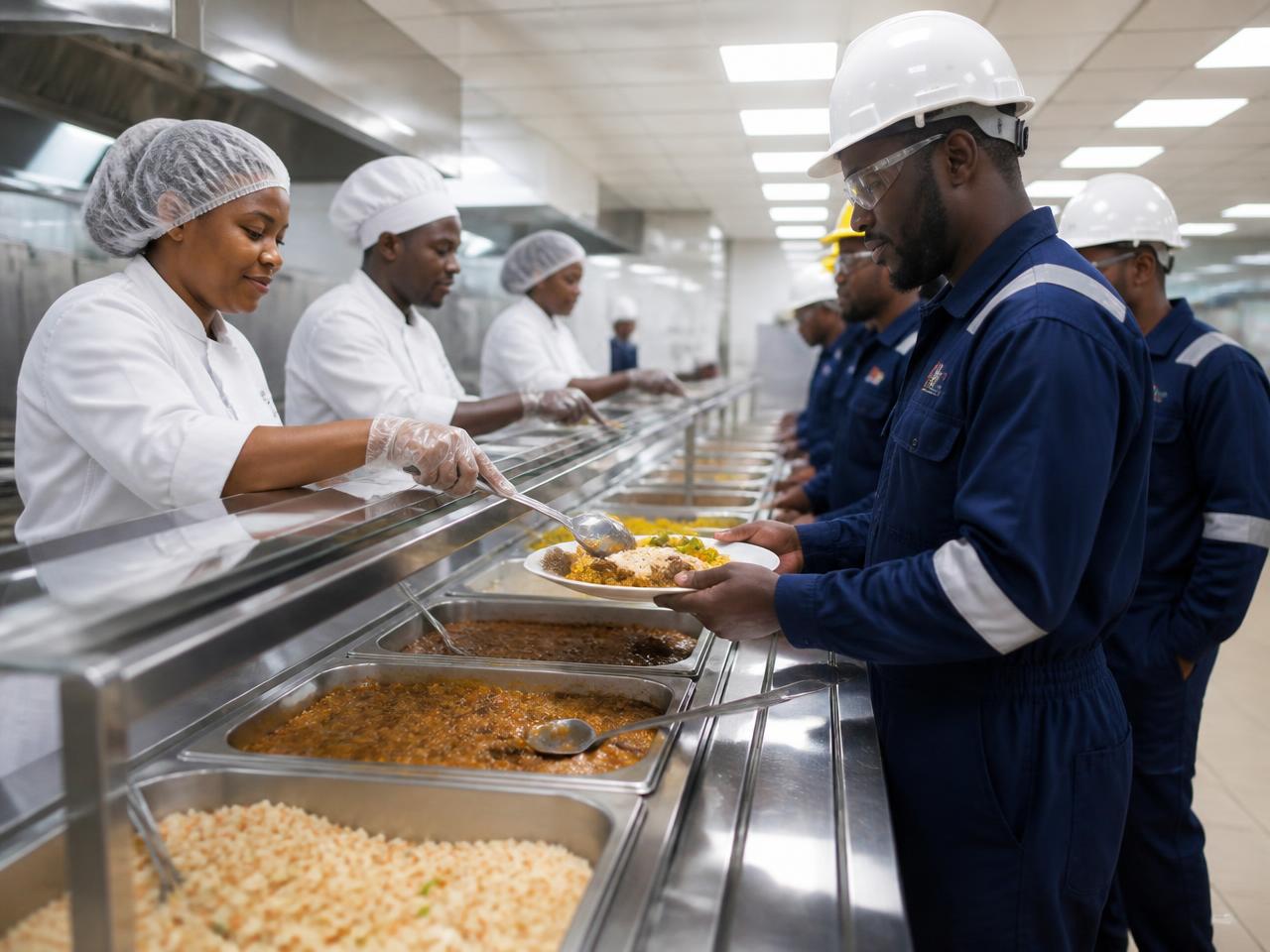 Chefs serving hot meals at an industrial site canteen